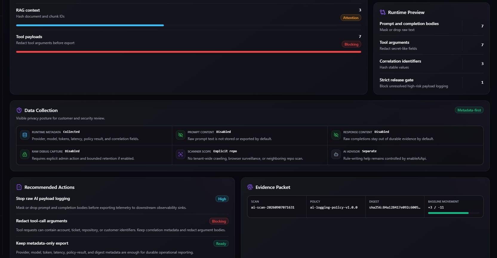 CerbiShield AI Logging Governance evidence packet showing scan, policy, digest, and baseline movement