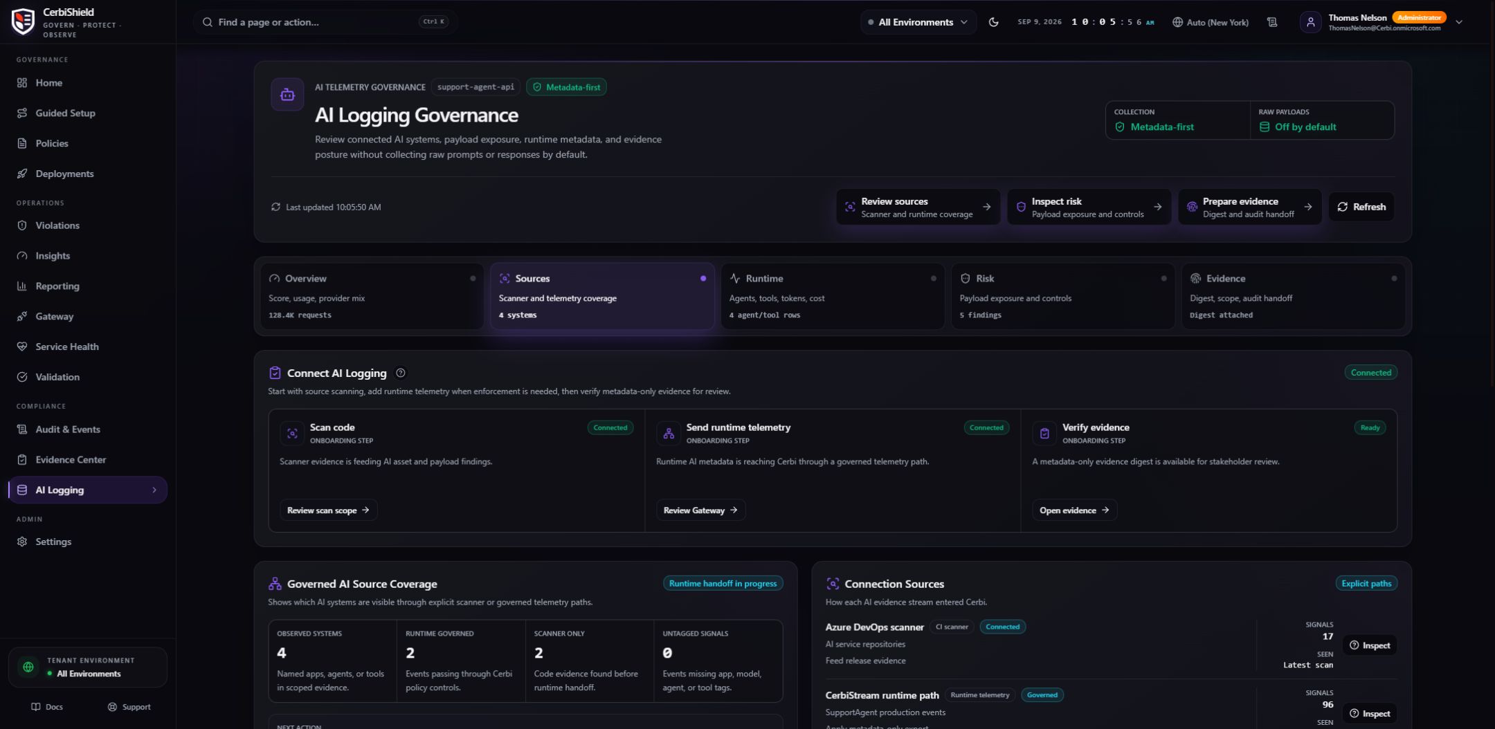 CerbiShield AI Logging Governance sources view showing scanner and runtime coverage