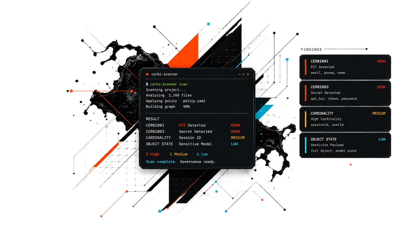 Cerbi Scanner analyzing source code and surfacing logging governance findings.