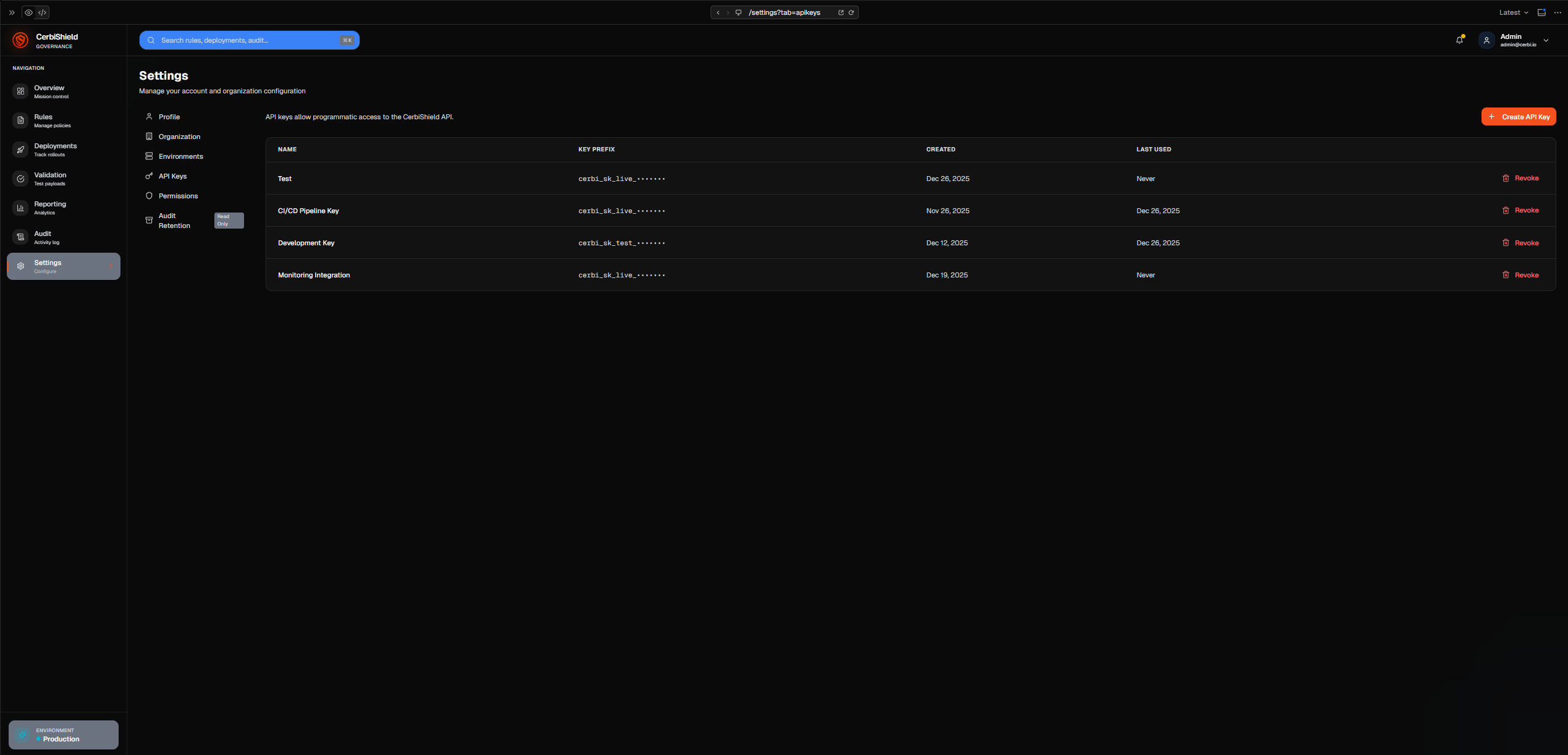 Settings panel for integrations, roles, and environment configuration
