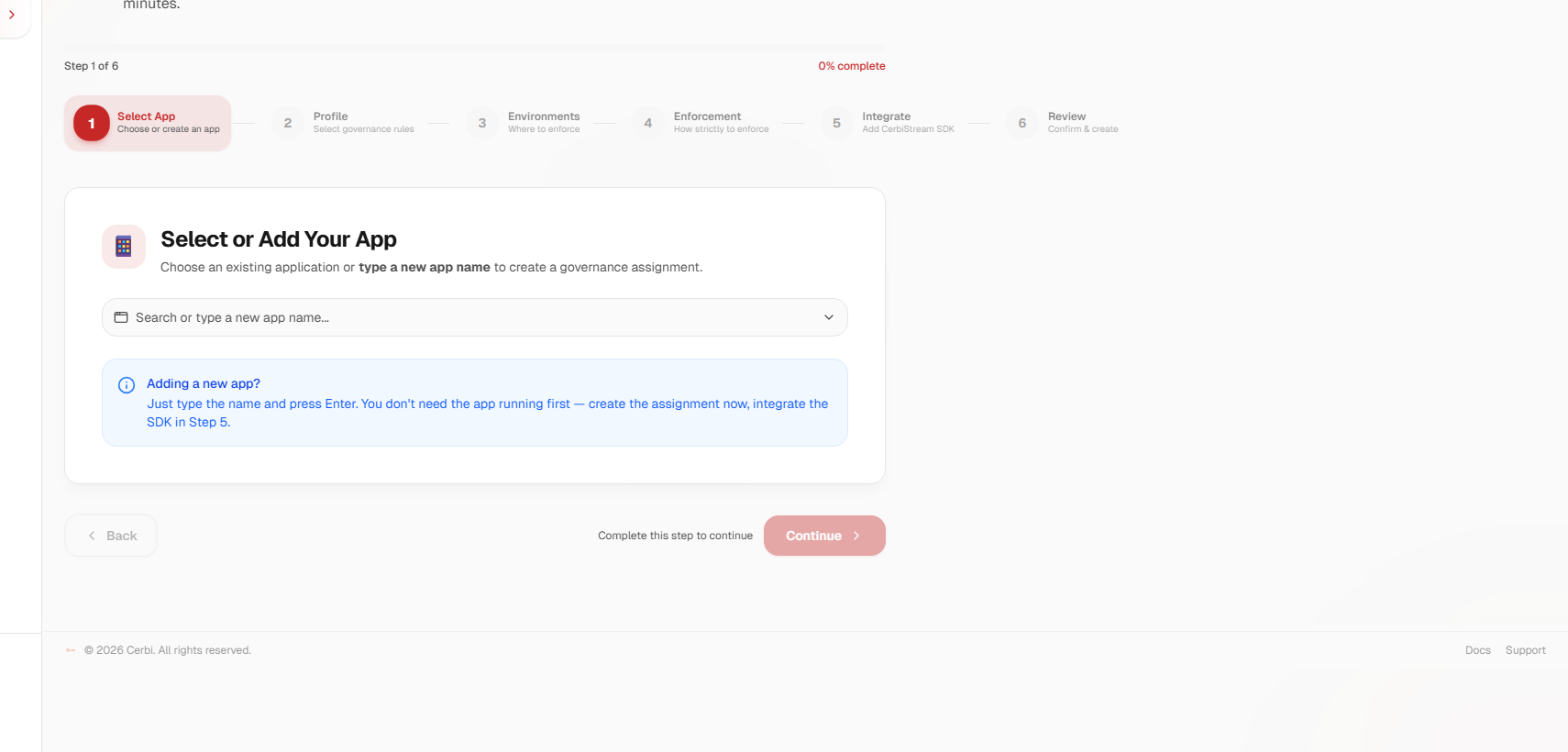 CerbiShield Onboarding wizard — 6-step flow